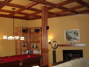 Basement game room with coffered ceiling